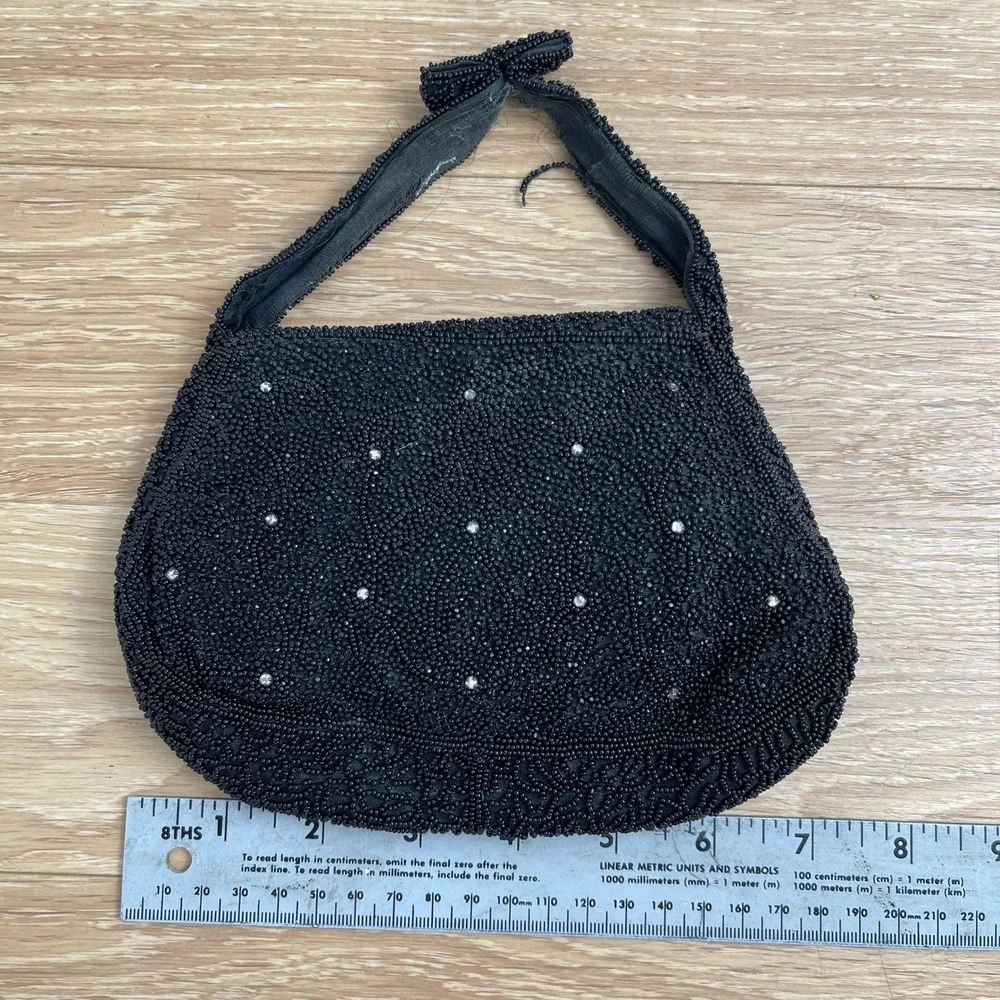 Vintage Black Beaded Evening Bag Rhinestone Floral Bow Handle Handbag 1950s